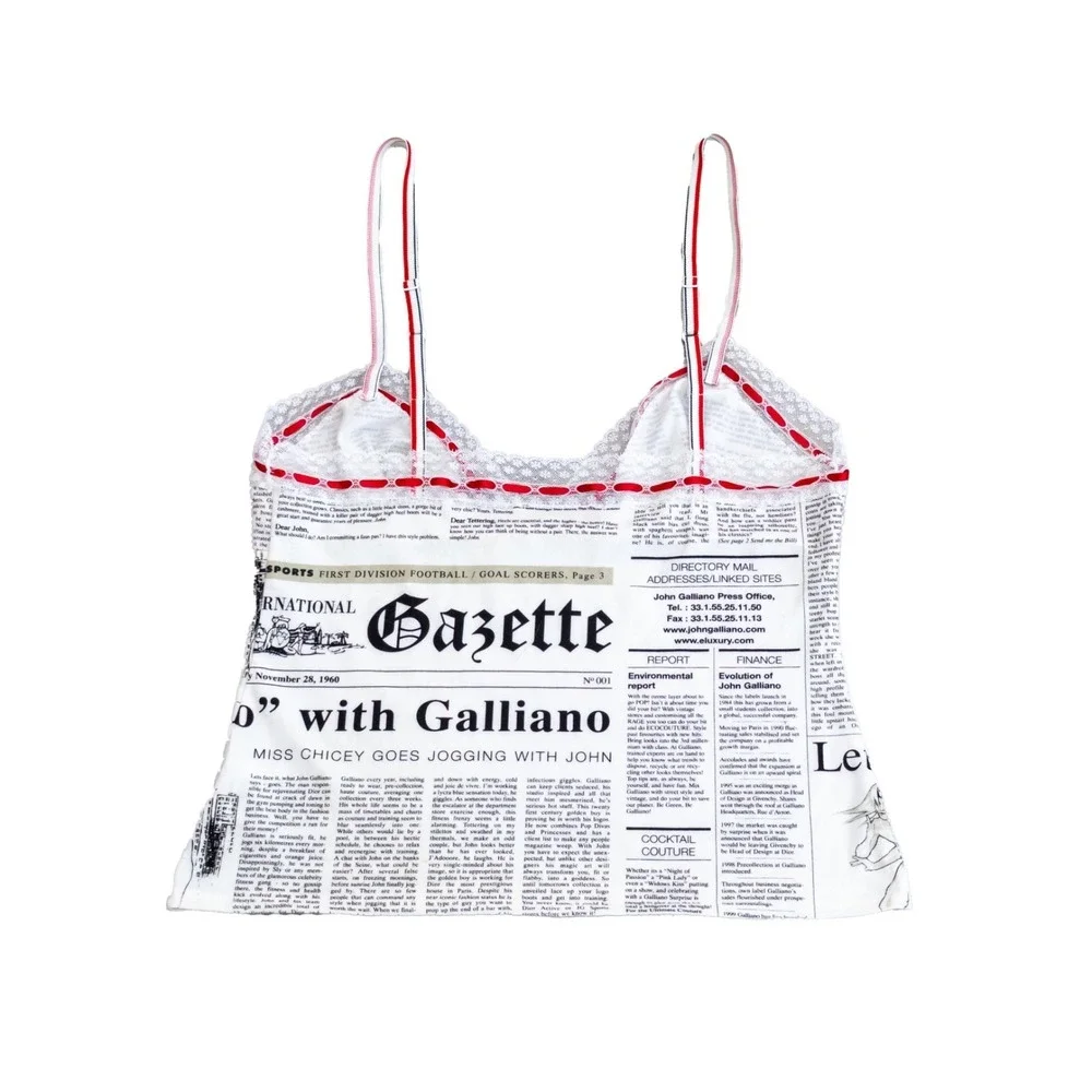 John Galliano Newspaper Print Camisole Top XL Lace Trim France Y2K Designer Rare - Picture 2 of 7